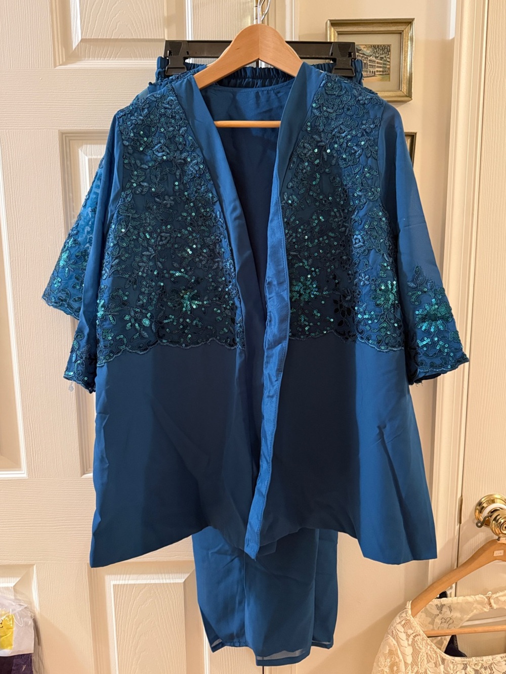 Embellished Teal Blue Women's Jacket, Top, and pants set